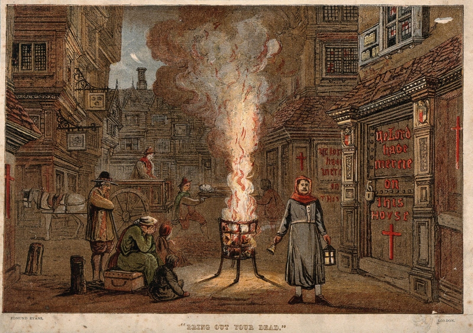 A street during the Great Plague in London, England (1664-1666) with a death cart and mourners. Colour wood engraving by E. Evans..Wellcome Collection. Public Domain Mark