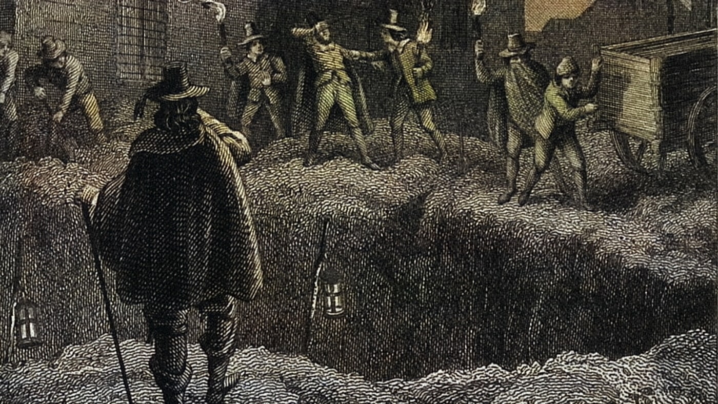 Figure 5: Men burying the bodies of plague victims in a pit. Engraving by S. Davenport, 1835, after G. Cruikshank. Wellcome Collection. Public Domain Mark