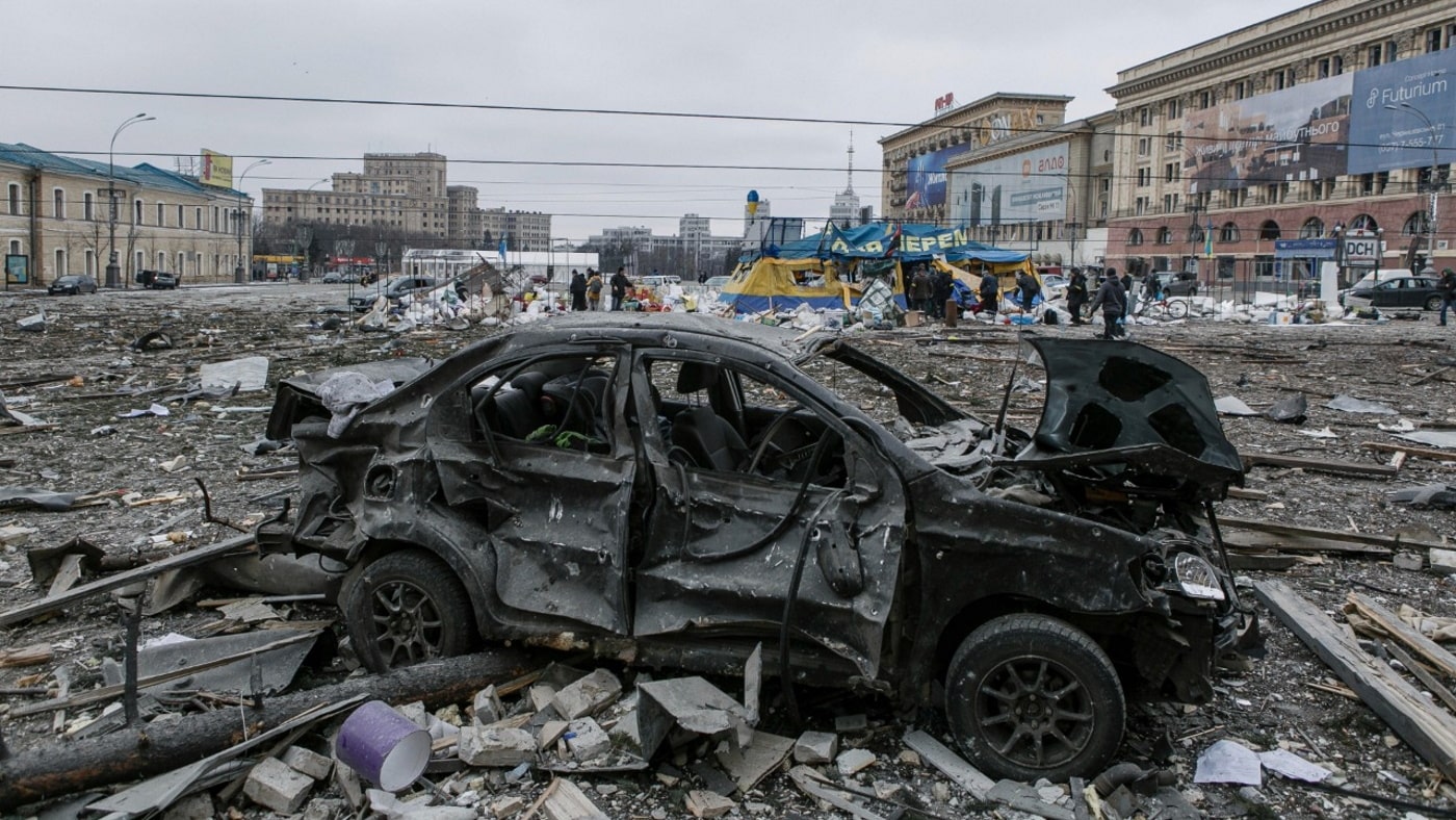 A view of the central square following shelling of the City Hall building in Kharkiv, Ukraine, Tuesday, March 1, 2022. - AP Photo - Pavel Dorogoy!