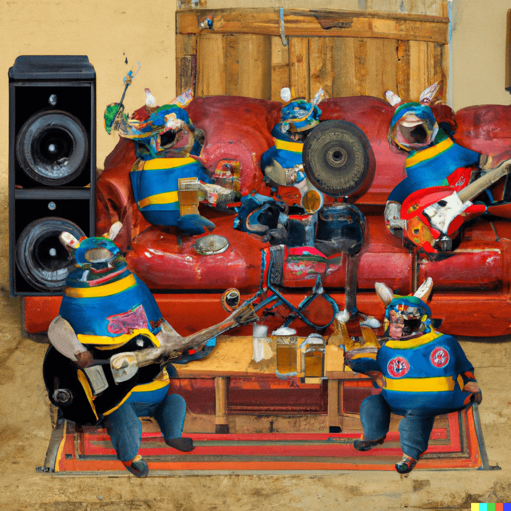 Judgment Pig - DALL·E 2023-02-13 15.10.33 - 6 wild robot hogs sitting on a couch with drums and guitars and beer-min