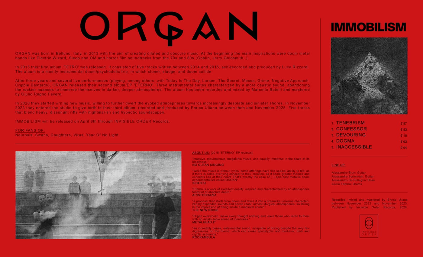 “Immobilism” finds ORGAN pushing their instrumental post metal doom into colder, more desolate ground 4 ORGAN