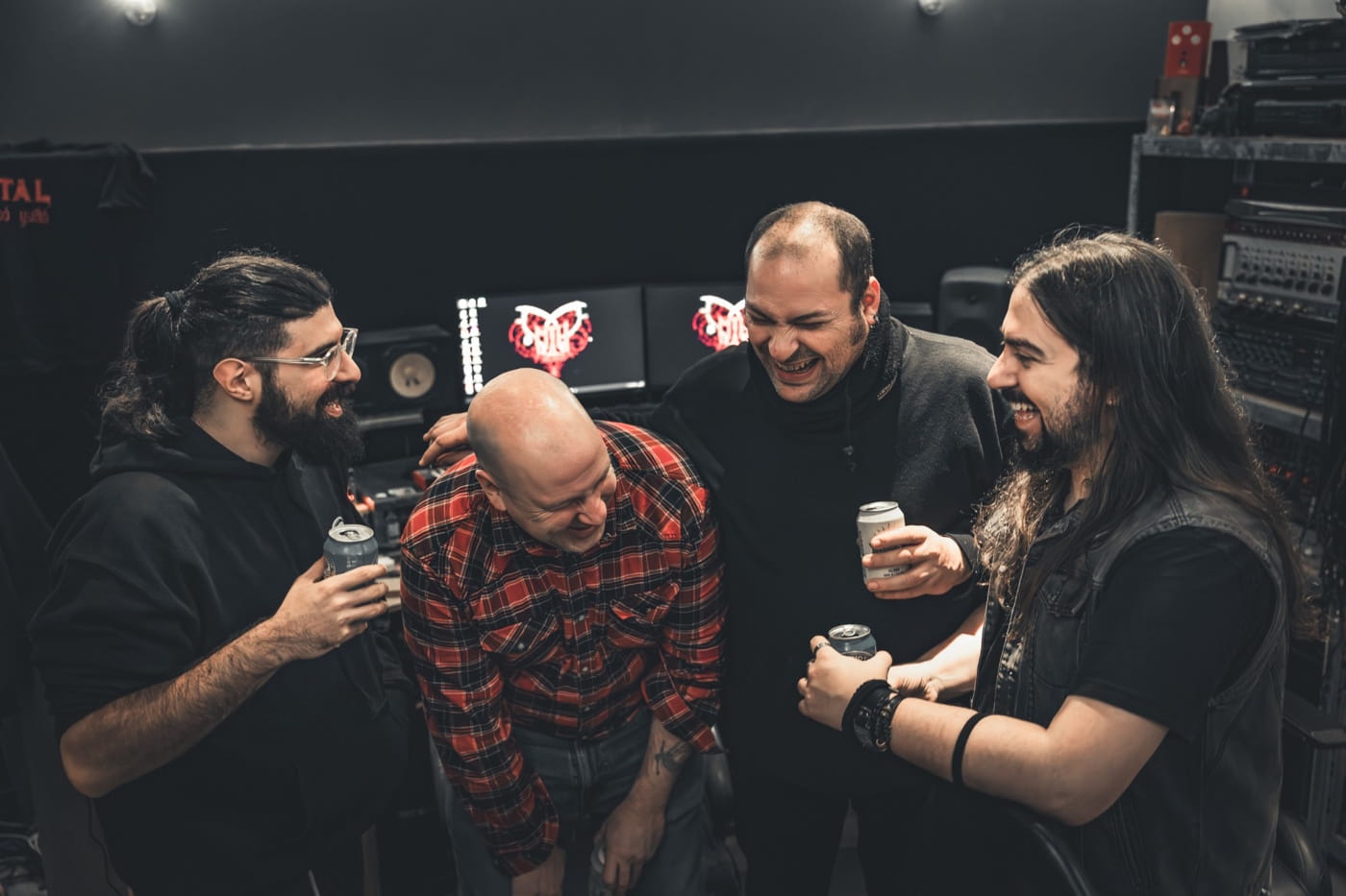 Gord Taylor builds “Made in Hell” from distance, old lessons, and bagpipes without Scotland attached 2 From Left to Right - Gorgeous George, GT, David Prudent, Dimitris at Made in Hell Athens - Credit Alejandro Lobato