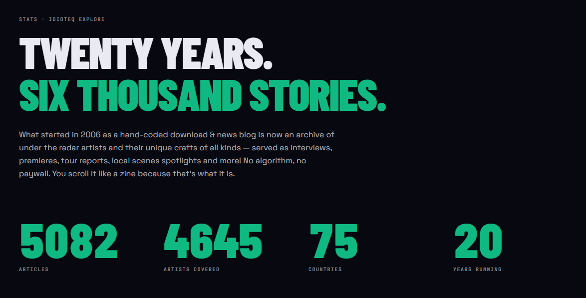 IDIOTEQ Explore is live: 20 years of coverage, now browseable by scene, city, and sound 8 2026 07 03 17 27 52 greenshot 1