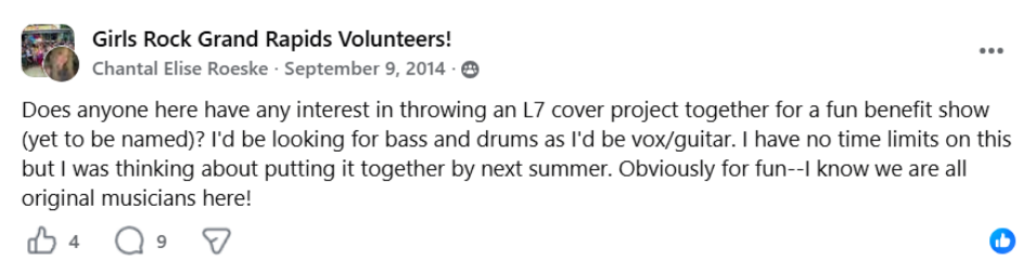 Goodbyes: Heavier Than Bricks - Remembering Jennifer Finch from L7 1 Me, unsuccessfully trying to recruit other camp counselors and instrument coaches at Girls Rock into an L7 cover band in 2014.
