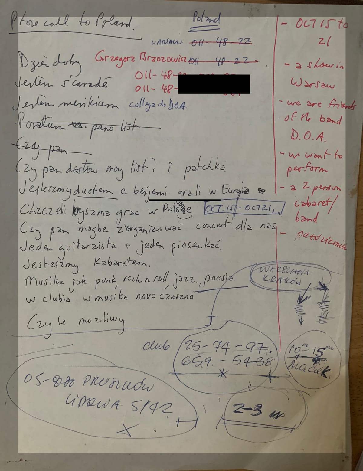 Canadian experimental duo THE NAWROCKIS made "Kapusta" from live improvisation, family history and nearly four decades of Polish connections 8 Norman Nawrocki's notes for a phone call to Poland in 1988.