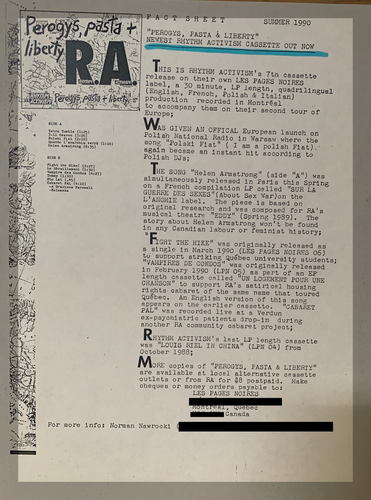 Canadian experimental duo THE NAWROCKIS made "Kapusta" from live improvisation, family history and nearly four decades of Polish connections 21 Rhythm Activism fact sheet for "Pierogies, Pasta & Liberty". From Norman Nawrocki's archive.