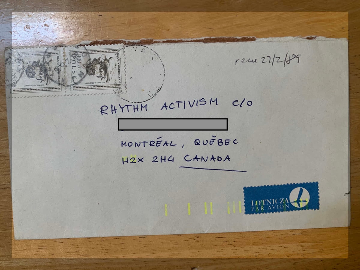 Canadian experimental duo THE NAWROCKIS made "Kapusta" from live improvisation, family history and nearly four decades of Polish connections 5 A 1989 envelope from Poland preserved in Rhythm Activism's correspondence archive.