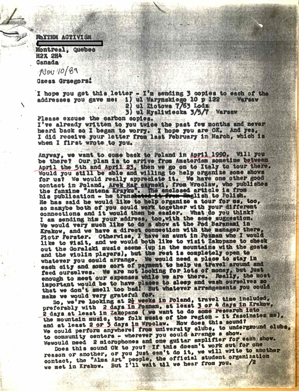 Canadian experimental duo THE NAWROCKIS made "Kapusta" from live improvisation, family history and nearly four decades of Polish connections 15 Rhythm Activism writing back to Grzegorz Kowalczyk in November 1989 while preparing the next Polish trip.
