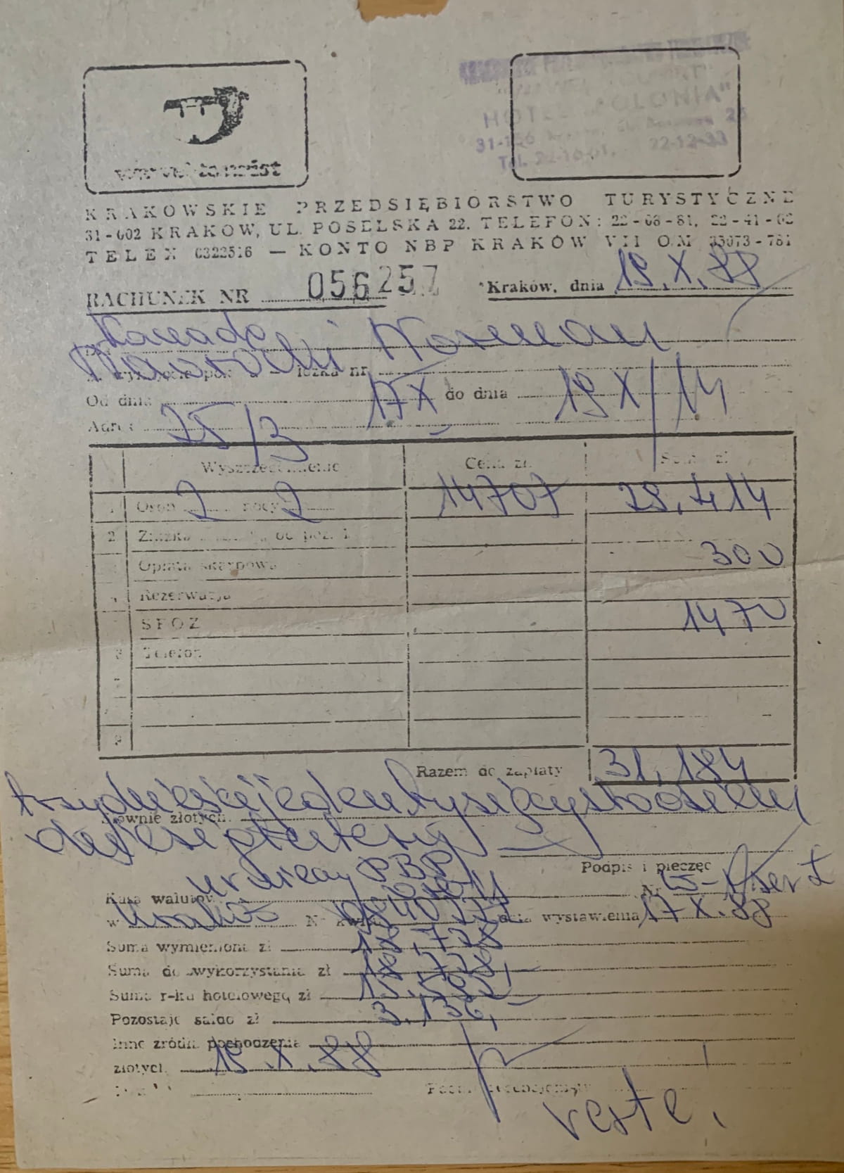 Canadian experimental duo THE NAWROCKIS made "Kapusta" from live improvisation, family history and nearly four decades of Polish connections 9 Hotel receipt from Rhythm Activism's first Polish visit in 1988.